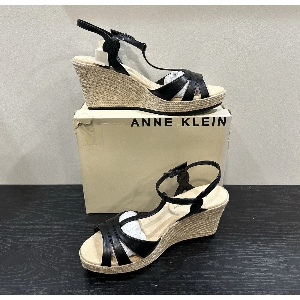 NEW Anne Klein‎ Waves Wedge Black Sandal Women's Size 11 M
